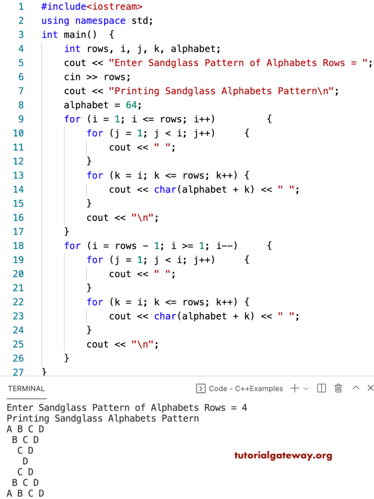 C++ Program to Print Sandglass Alphabets Pattern