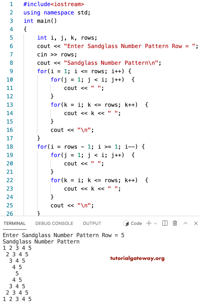 C++ program to Print Sandglass Number Pattern