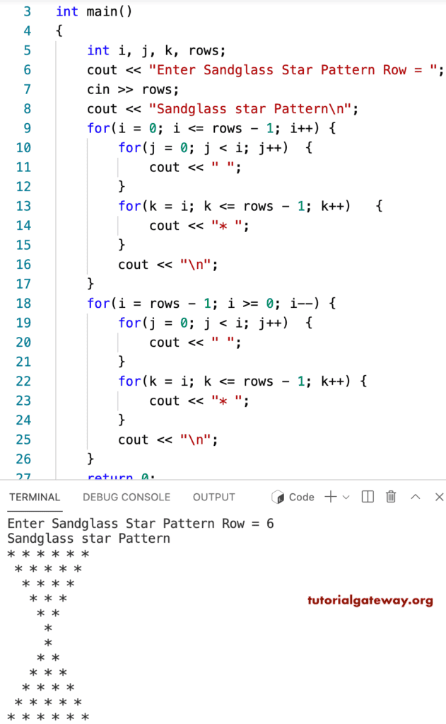 C++ program to Print Sandglass Star Pattern