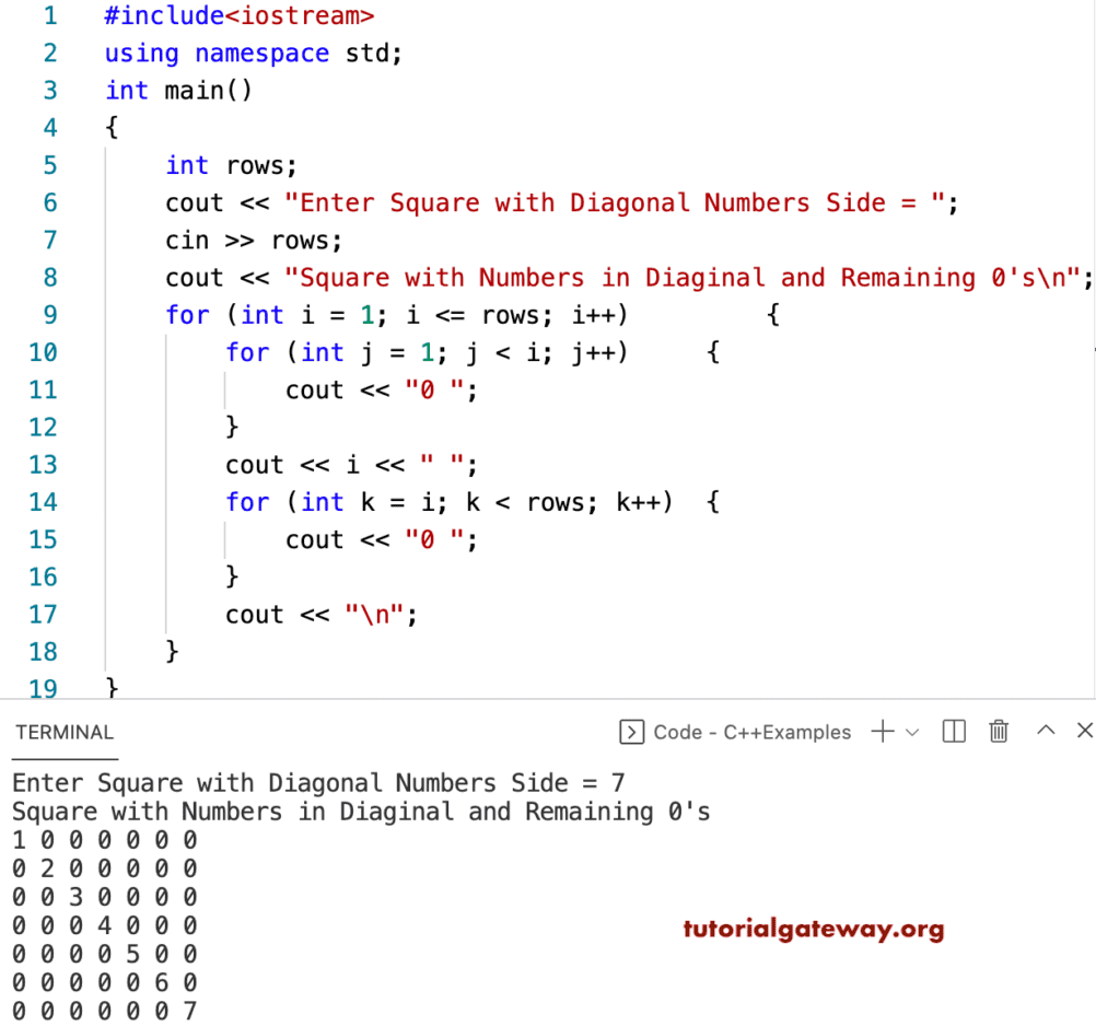 C++ Program to Print Square With Diagonal Numbers Pattern