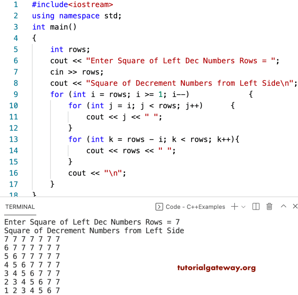 C++ Program to Print Square of Left Decrement Numbers Pattern