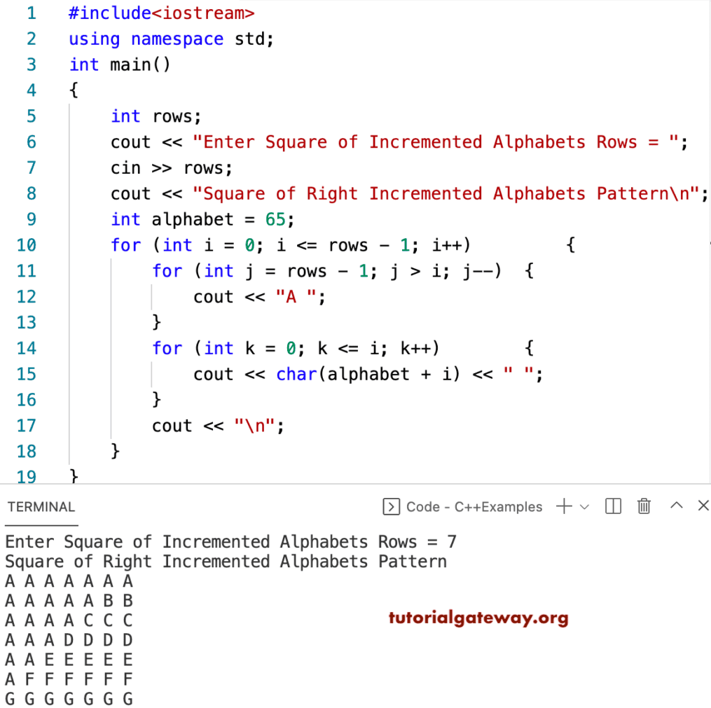 C++ Program to Print Square of Right Increment Alphabets Pattern
