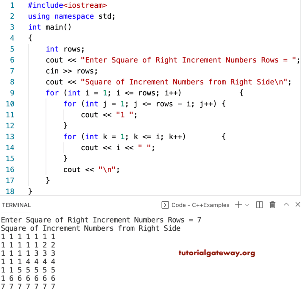 C++ Program to Print Square of Right Increment Numbers Pattern