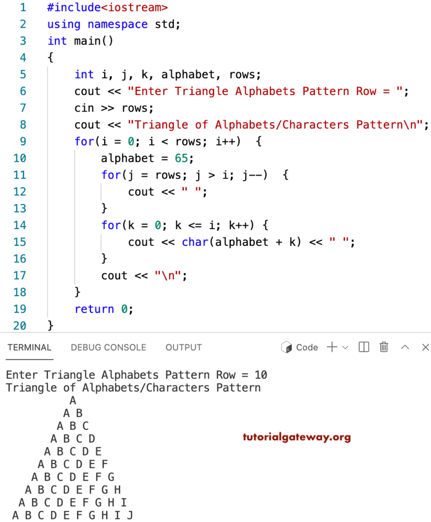 CPP Program to Print Triangle Alphabets Pattern