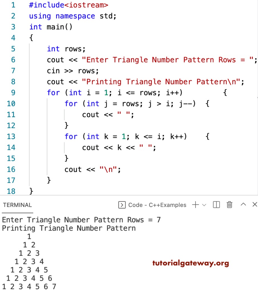 C++ Program to Print Triangle Numbers Pattern