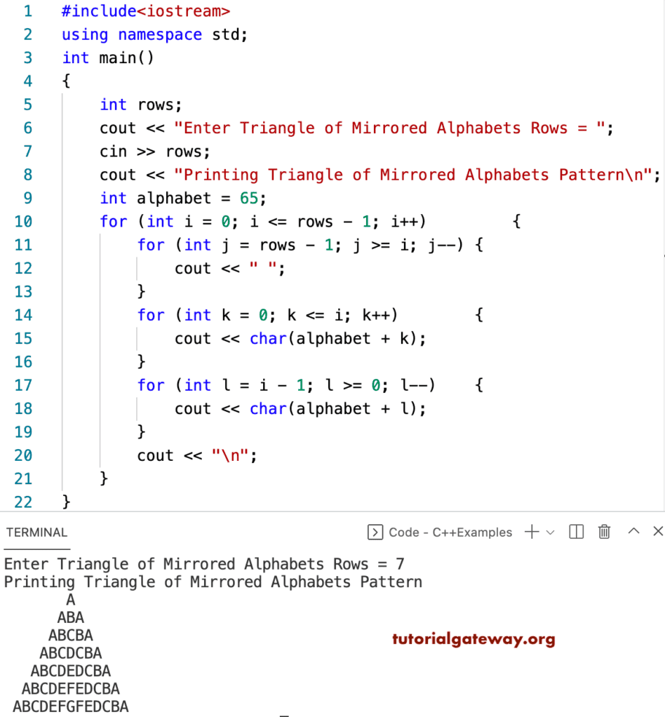C++ Program to Print Triangle of Mirrored Alphabets Pattern