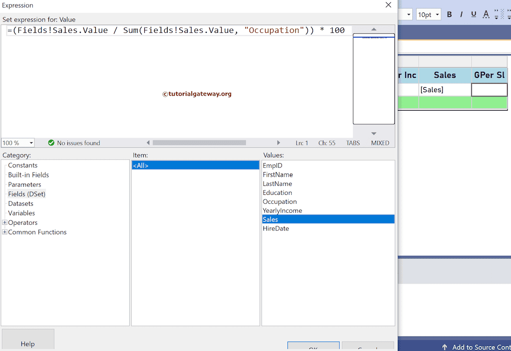 Expression to Calculate the percentage of the total in SSRS