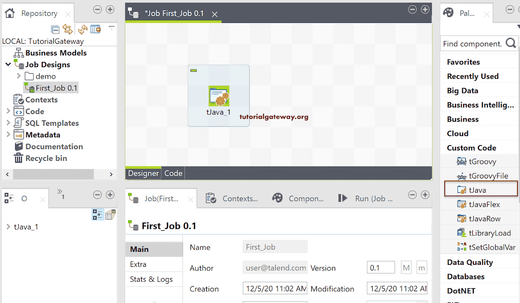 Add tJava component to Job designer