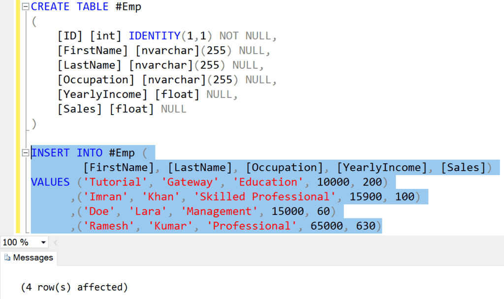 Insert Data into the Local Temp Table 2