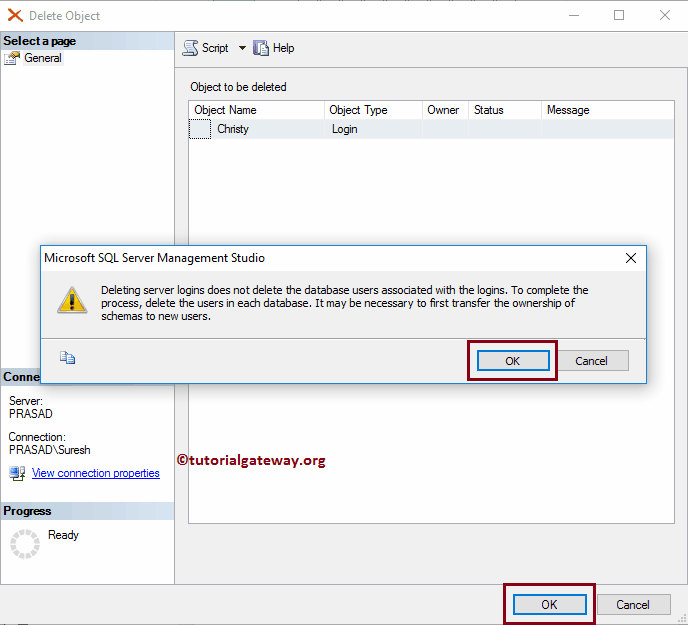 Delete Login and the Confirming Message