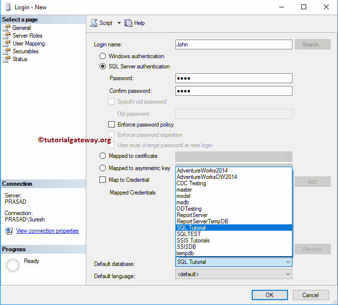 Choose the Default Database for SQL Server Login