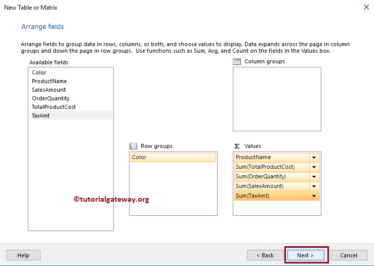 Create a table and matrix in Report Builder Wizard 12