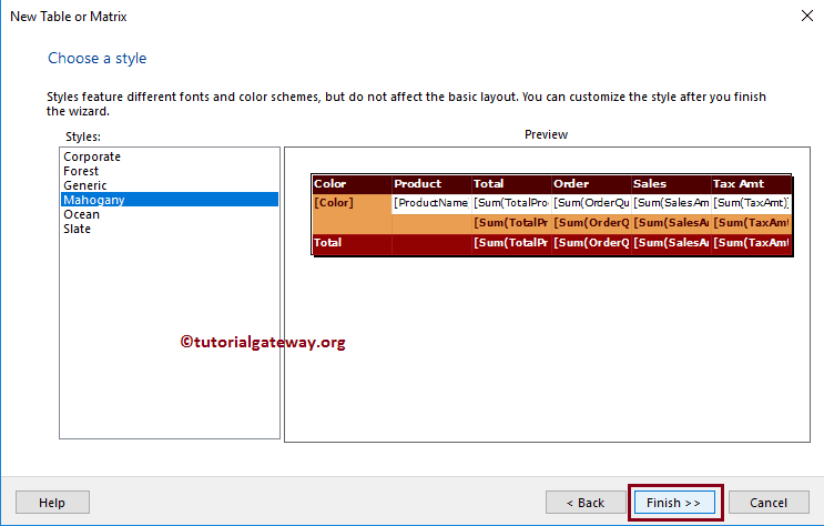 Choose a table or matrix style in Report Builder Wizard 14