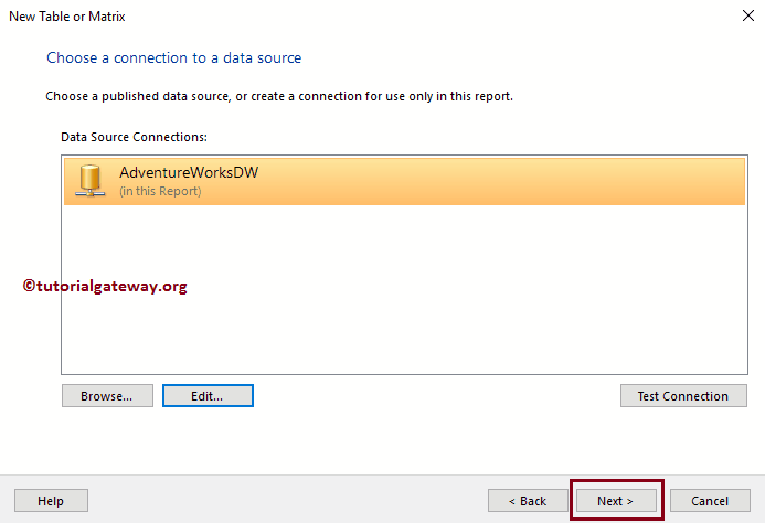 Create a data source Connection in Report Builder Wizard 8