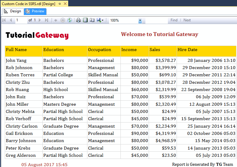 Custom Code in SSRS Table Report Preview