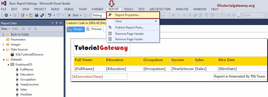 Select Report Properties from Menu