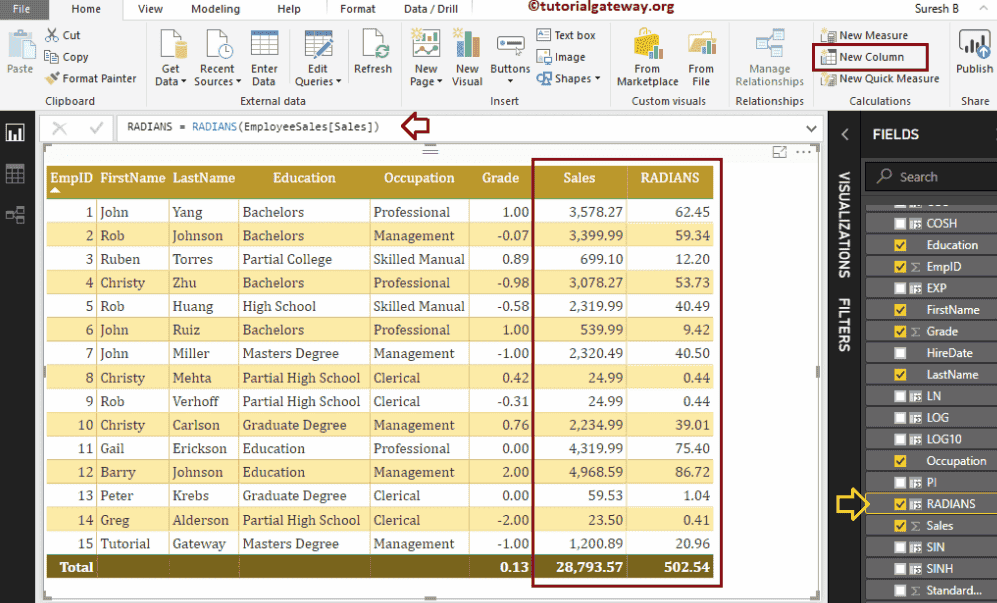 DAX RADIANS Function