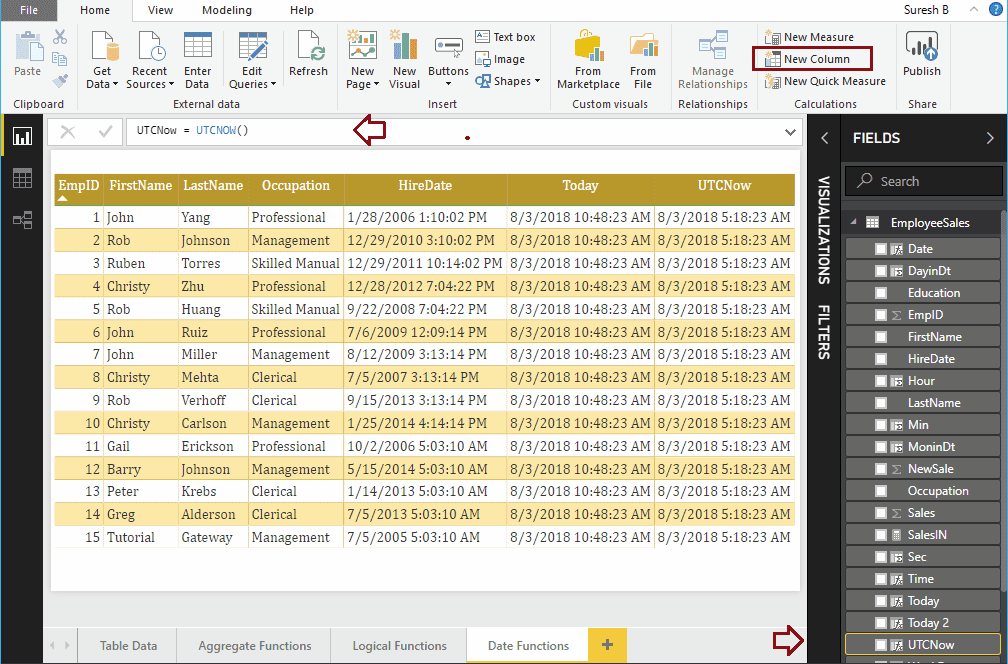 DAX UTCNOW Date Function 