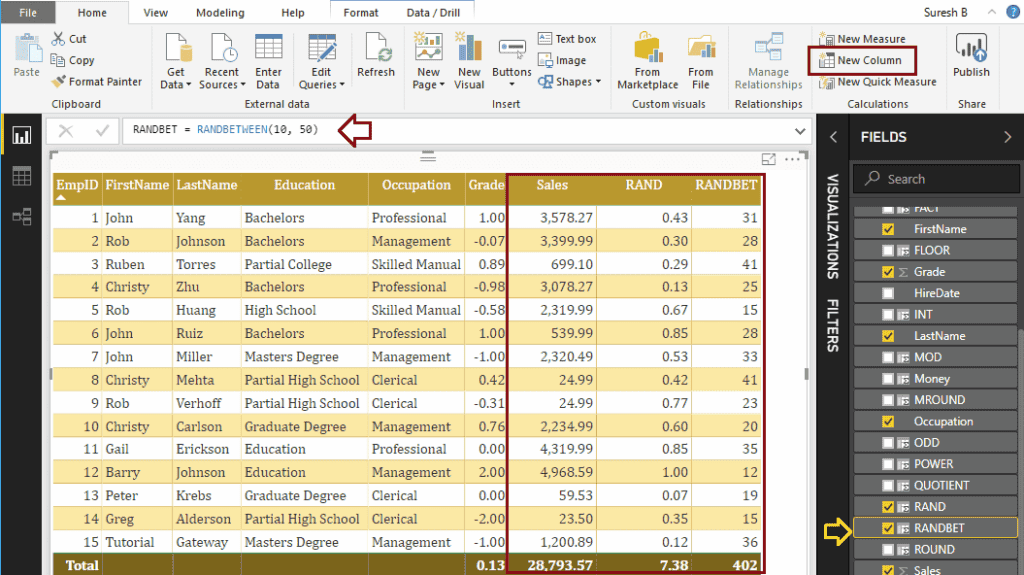 DAX randbetween math Function 