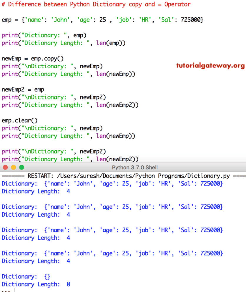 Difference between Python Dictionary copy and = Operator Example