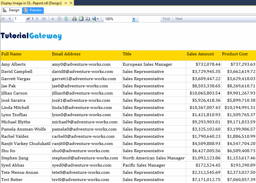 Display Image Report preview