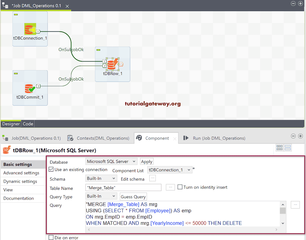 tDBRow Configuration to Execute SQL Queries in Talend