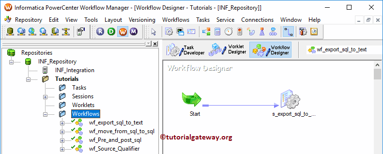 Link Export Data to Flat file start and session tasks