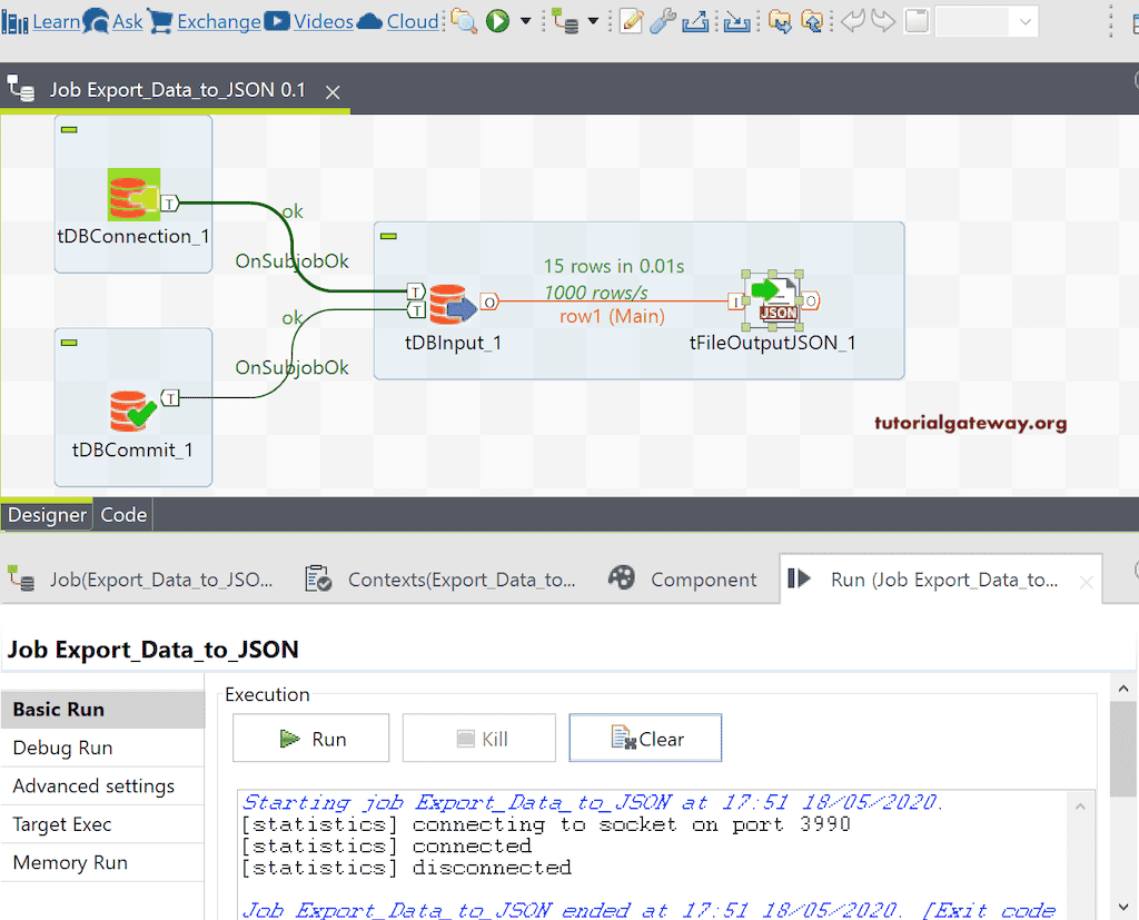 Run the Job to Export Database Table to JSON in Talend