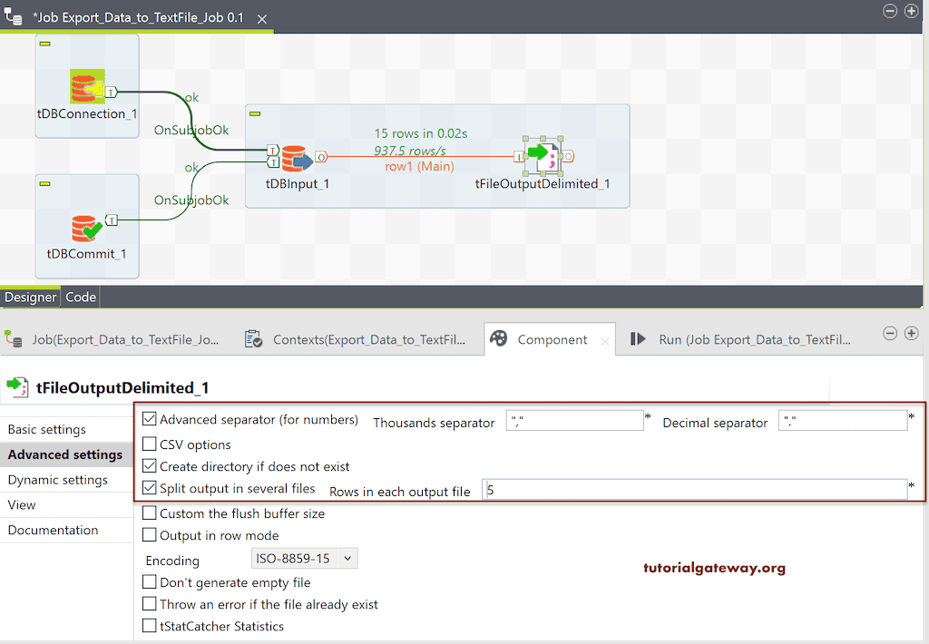 Export Database Table to Text File in Talend Advanced Options