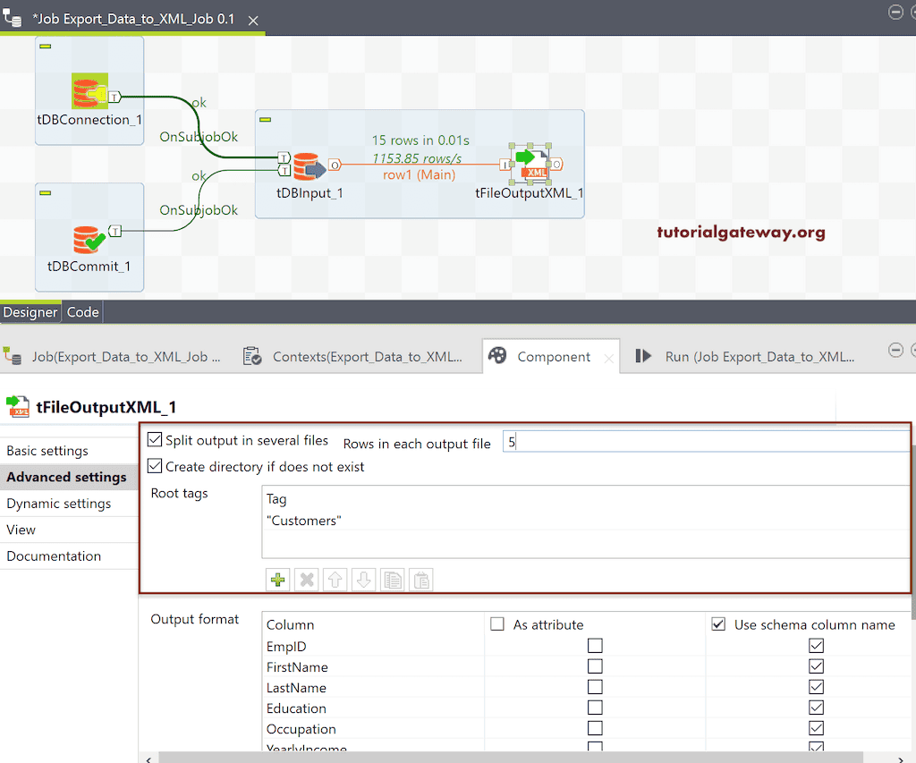 Export Database Table to XML in Talend Advanced Settings to Split