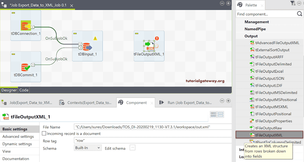 Add tFileOutputXML to workflow to Export Database Table to XML in Talend