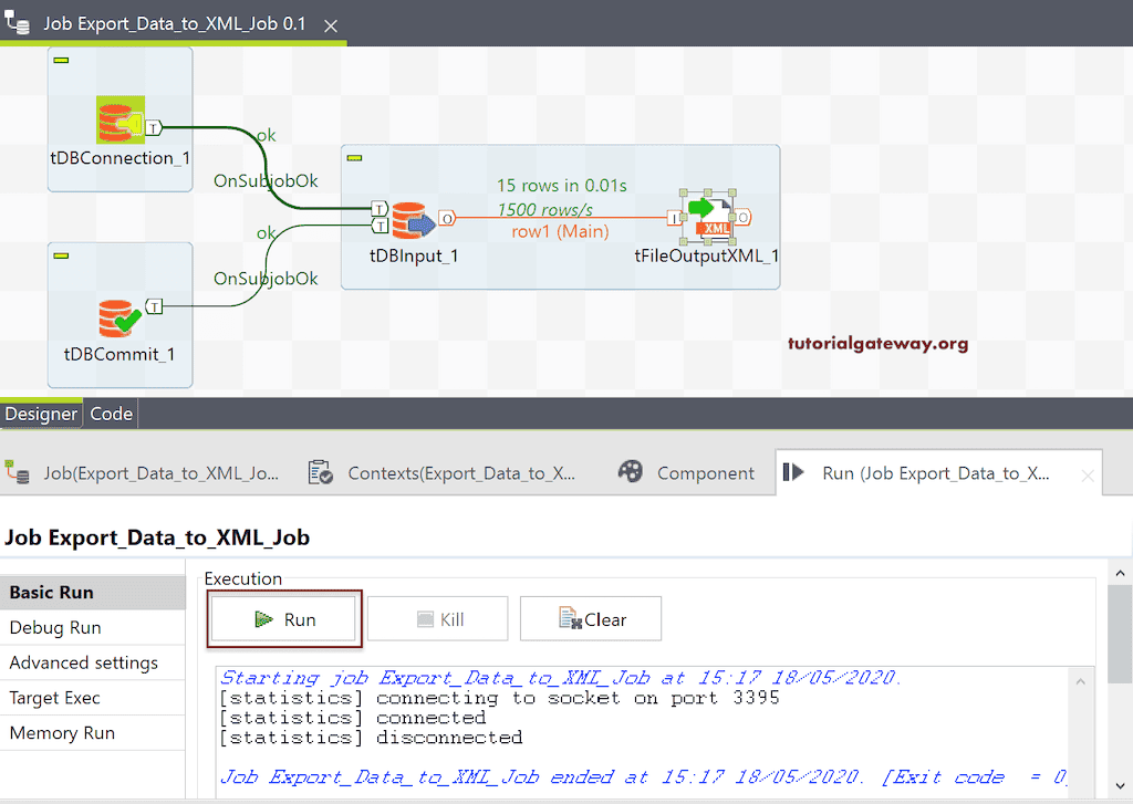 Run the Job to Export Database Table to XML in Talend