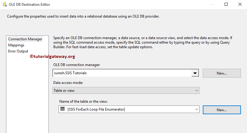 Destination Database and Table