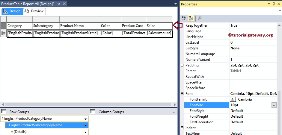 Change Table Report FontSize6