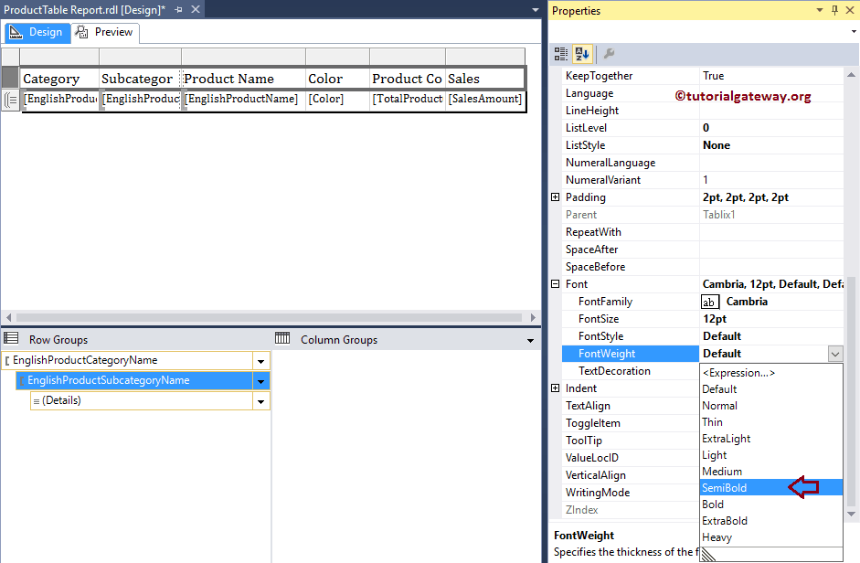 Change Table Report Font Weight 8