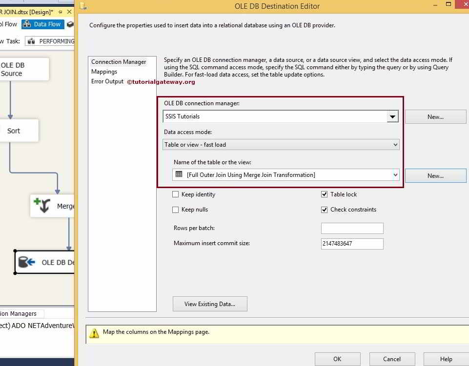 Select the Destination database and Table