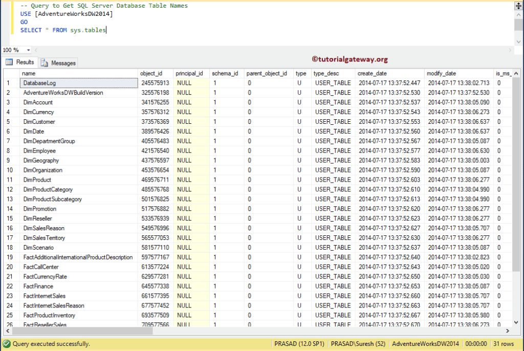 Using sys.tables
