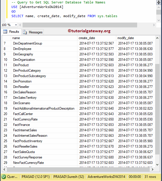 SELECT name, create_date, modify_date FROM sys.tables
