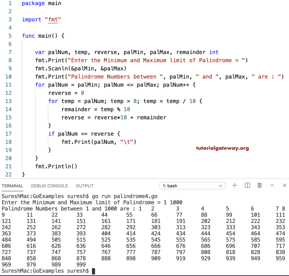 Golang Palindrome Number Program