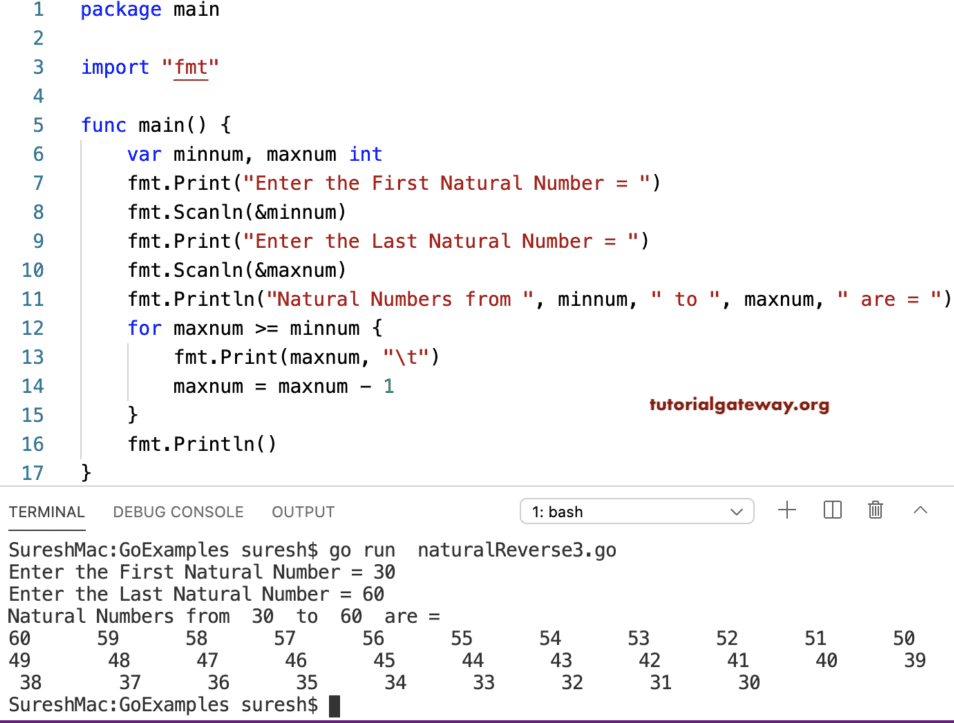 Golang Program to print Natural Numbers in reverse