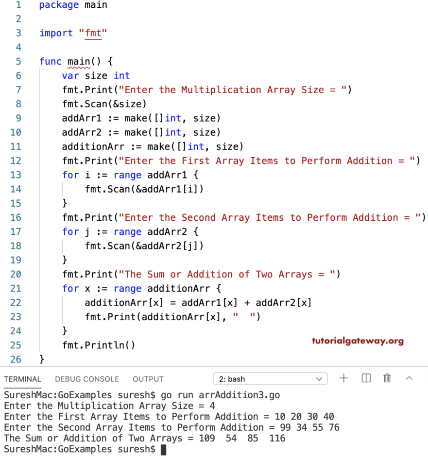 Golang Program to Add Two Arrays