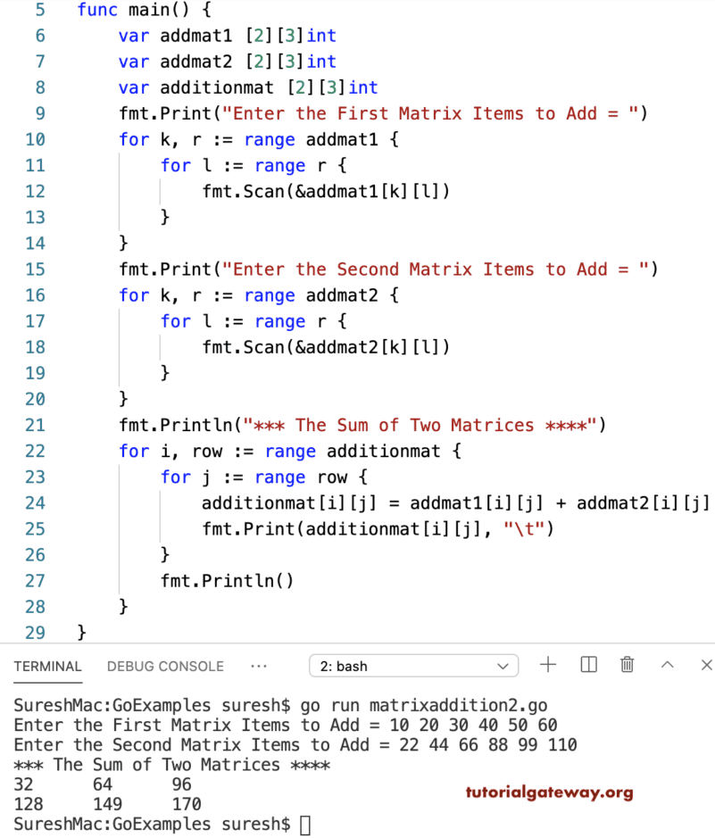 Golang Program to Add Two Matrices
