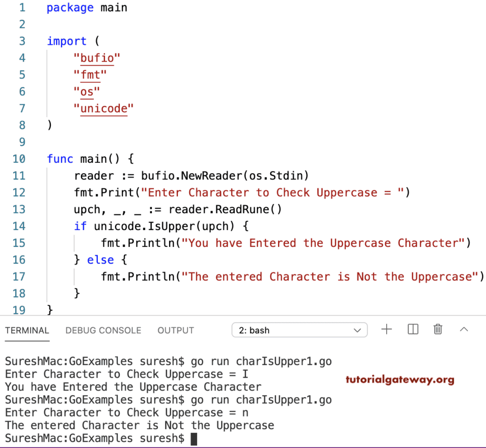 Go Program to Check Character in an Uppercase