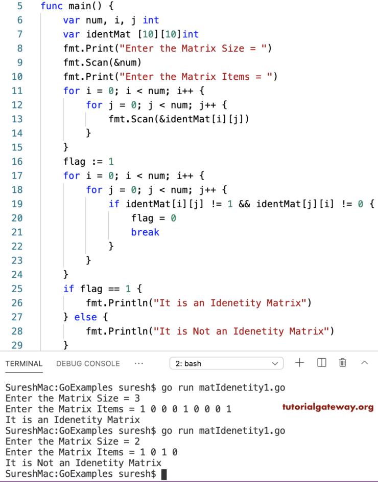 Go Program to Check Identity Matrix