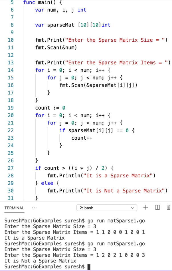 Go Program to Check Sparse Matrix