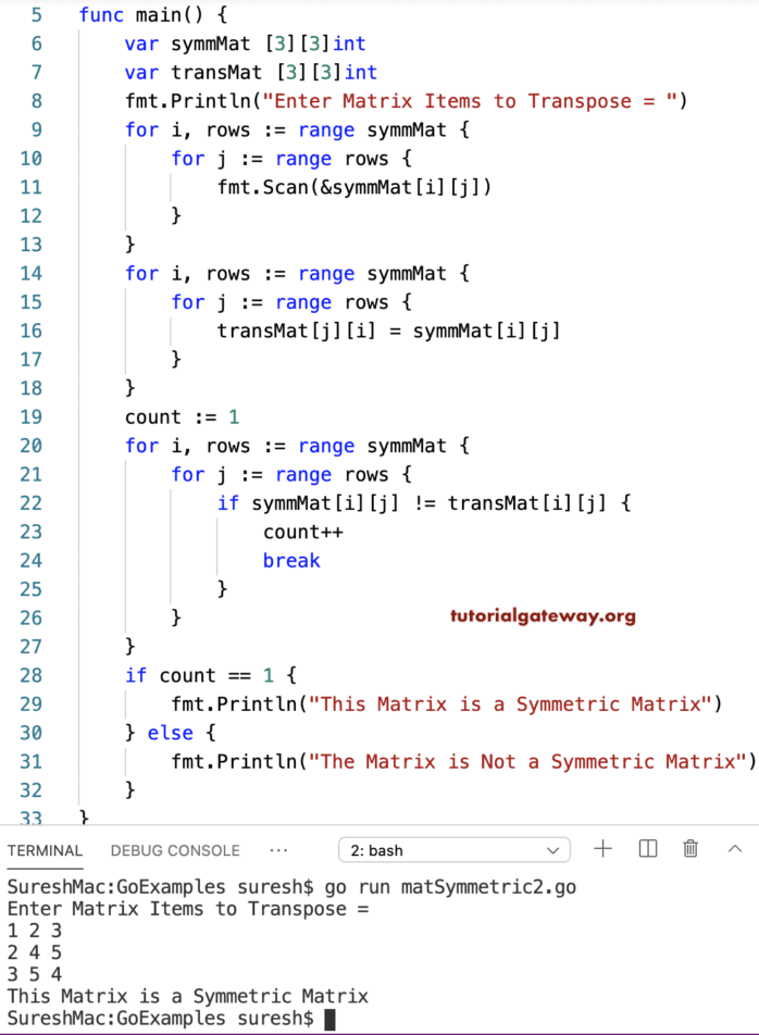 Golang Program to Check Symmetric Matrix