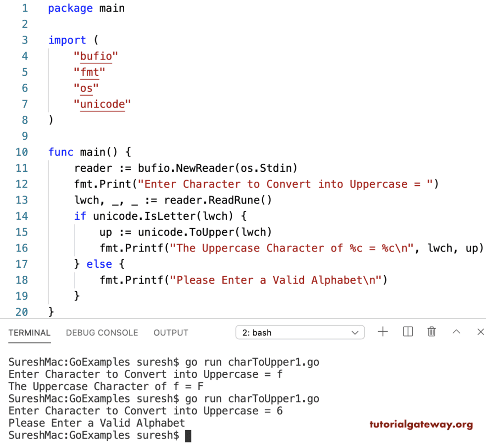 Go Program to Convert Character to Uppercase
