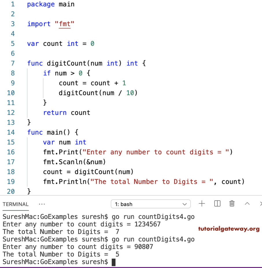 Golang Program to Count Digits in a Number