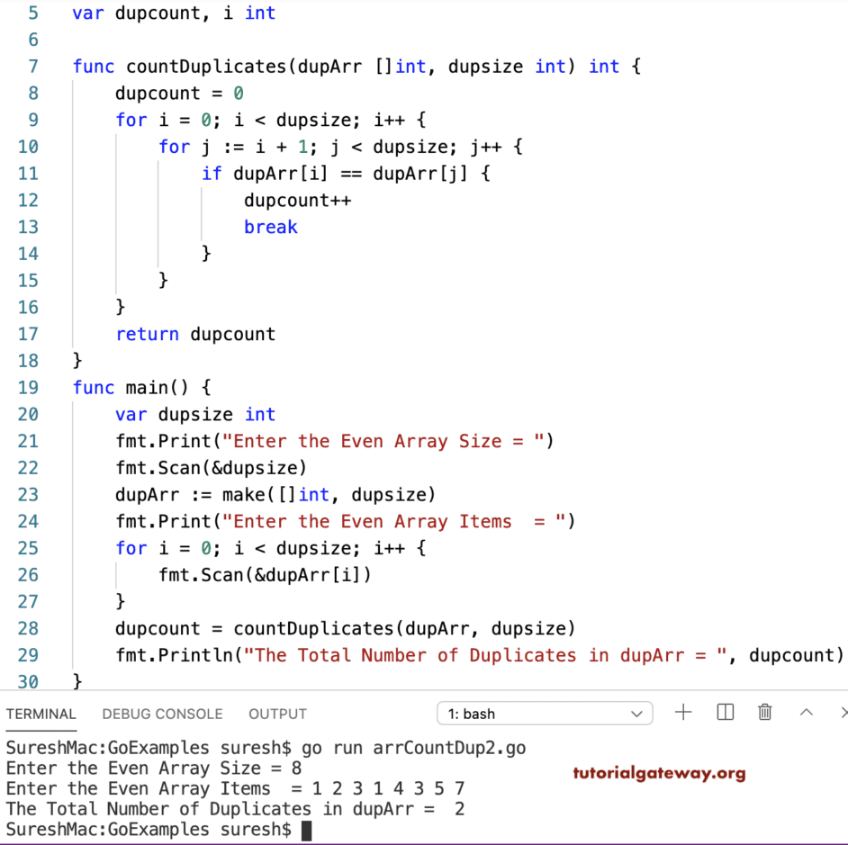 Go Program to Count Duplicates in an Array