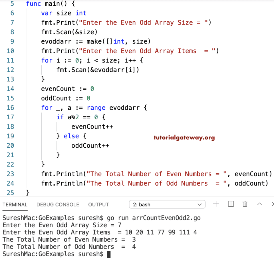 Go Program to Count Even and Odd Numbers in an Array
